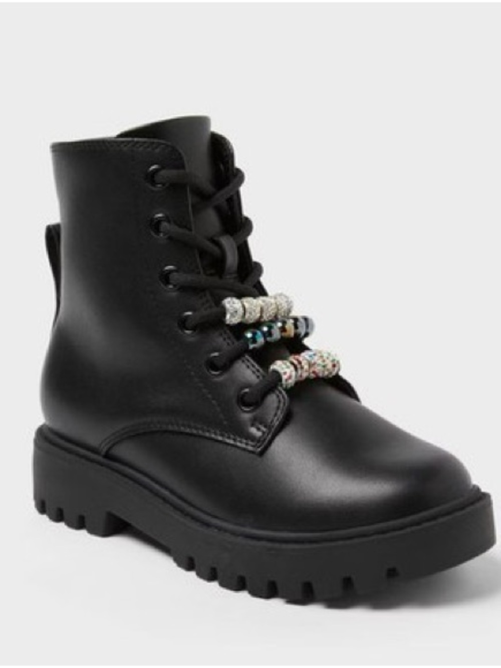 Bronx Black Kids Lace-Up Combat Boot with Beaded Lace Charms